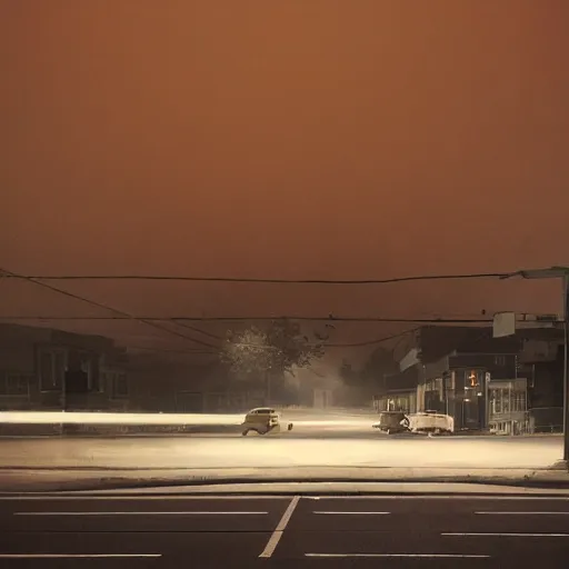 Image similar to A stunningly beautiful award-winning 8K high angle cinematic movie photograph of a dark foggy main intersection in an abandoned 1950s small town at night, by Edward Hopper and David Fincher and Darius Khonji, cinematic lighting, perfect composition, moody low key volumetric light. Color palette from Seven, greens yellows and reds. 2 point perspective