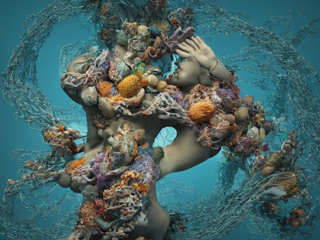 Image similar to a sculpture of fish ocean intertwined, a lovely cornucopia of flowers and human body parts, body parts, highly detailed, octane render, cinematic, shock, sharp focus, annular