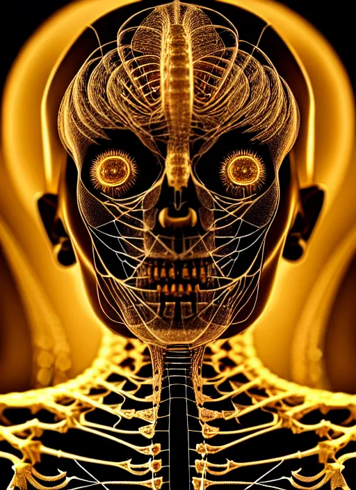 Prompt: fractal female golden mechanical skeleton with beautiful human face, wires, glowing internal light, hyperdetailed, by alex grey, intricate linework, faberge, intricate gold linework, dark atmosphere, unreal engine 5 highly rendered, global illumination, radiant light, detailed and intricate environment