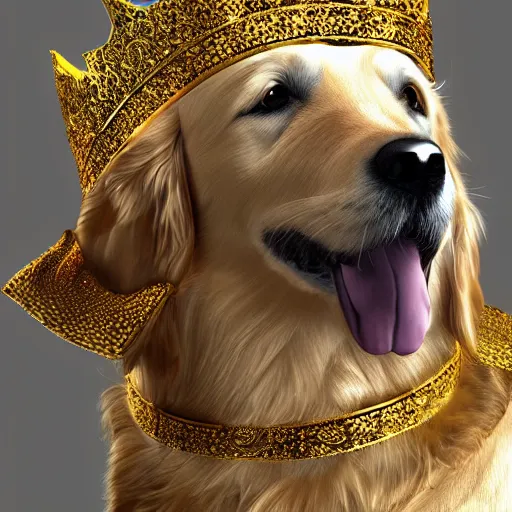 Prompt: Photomanipulation of golden retriver king , is dressed as a king, ultrarealism, photorealism, detailed, crown and gown