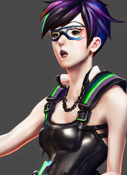 Image similar to full body digital artwork of tracer overwatch, wearing black iridescent rainbow latex tank top, 4 k, expressive happy smug expression, makeup, in style of mark arian, wearing detailed black leather collar, wearing chains, black leather harness, leather cuffs around wrists, detailed face and eyes,