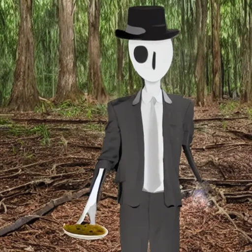 Image similar to slenderman, slenderman is selling vegemite, dark and eerie, found footage