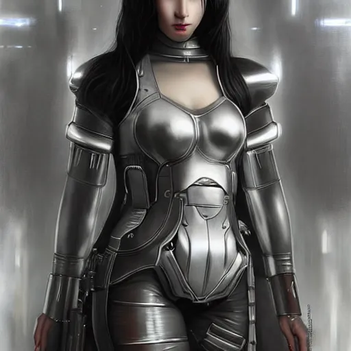 Image similar to By Tom Bagshaw, ultra realist soft painting of an attractive cyberpunk anime female fully bodysuit armored, with thin lustrous long hair floating, photorealistic eyes render, looking at camera, curiosities carnival, symmetry accurate features, very intricate details, focus, dark fantasy background, black and white, curvy