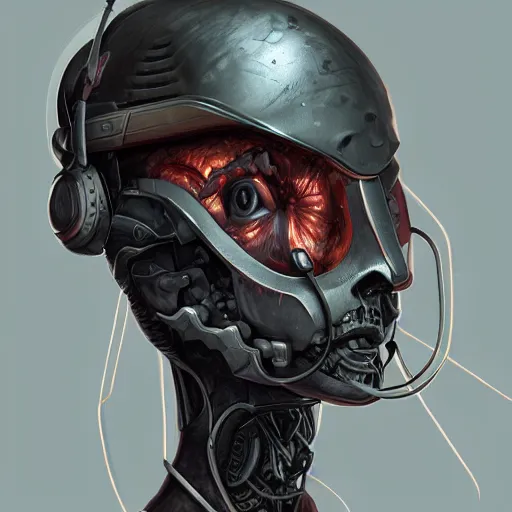Prompt: a withered humanoid, wearing a circular visor and helmet, futuristic, industrial sci fi, artstation
