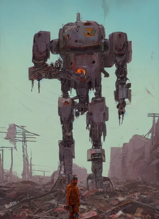 Prompt: a bipedal mech standing among the rubble of a destroyed city by simon stalenhag, trending on artstation, mecha, military, science fiction, digital painting