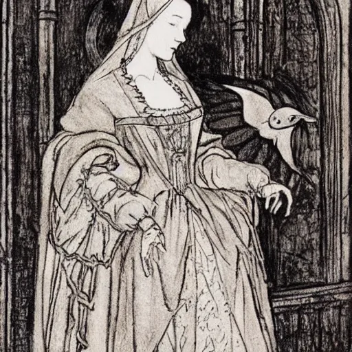 Image similar to anne boleyn with bird wings, she is very sad, full body shot, in the style of arthur rackham