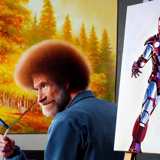 Image similar to a closeup photorealistic photograph of bob ross working on a canvas painting featuring iron man. film still. this 4 k hd image is trending on artstation, featured on behance, well - rendered, extra crisp, features intricate detail, epic composition and the style of unreal engine.