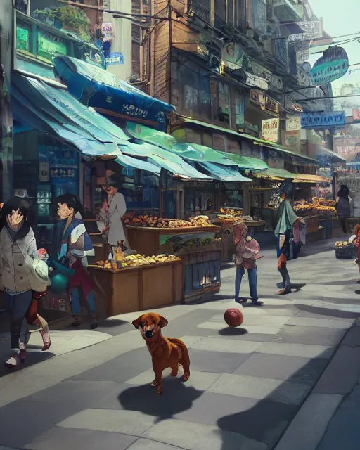 Image similar to a tiny dog walking through a crowded street filled with bodegas and food vendors, blue fur, a man is juggling avocados, Anime. Soft lighting, 8K, octane render. By Makoto Shinkai, Stanley Artgerm Lau, WLOP, Rossdraws, James Jean, Andrei Riabovitchev, Marc Simonetti, krenz cushart, Sakimichan, D&D trending on ArtStation, digital art.