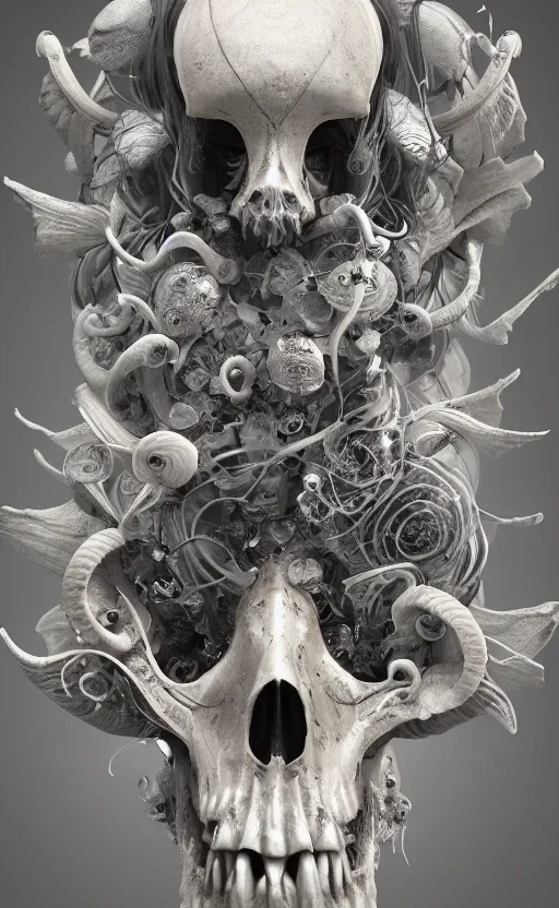 Image similar to goddess close-up portrait ram skull, thorax, x-ray, backbone, phoenix head, nautilus, orchid, skull, betta fish, bioluminiscent creatures, intricate artwork by Tooth Wu and wlop and beeple. octane render, trending on artstation, greg rutkowski very coherent symmetrical artwork. cinematic, hyper realism, high detail, octane render, 8k, green and orange tones