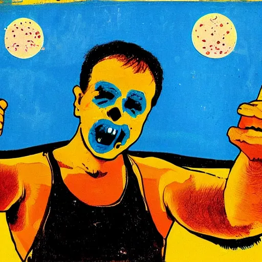 Prompt: selfie, radiation eats a funny ugly ukrainian alive wild pain and despair, painted in dirty yellow - blue colors against the backdrop of a huge nuclear explosion