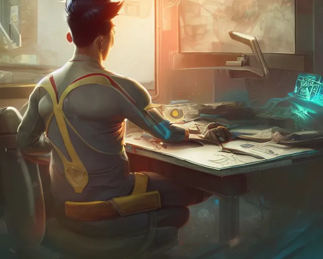 Image similar to an insanely detailed painting of a nerdy asian man wearing a superhero costume, sitting at a desk, staring at the nervously at the computer and typing, in the style of peter mohrbacher, dramatic lighting and composition, octane render, pixar, trending on artstation, concept art, comic book, view from behind