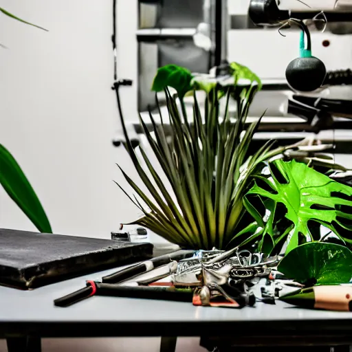 Prompt: A close-up shot of a metal table with laboratory tools and materials in an abandoned biopunk laboratory, plants everywhere, jungle themed, monstera, life, biological experiments,