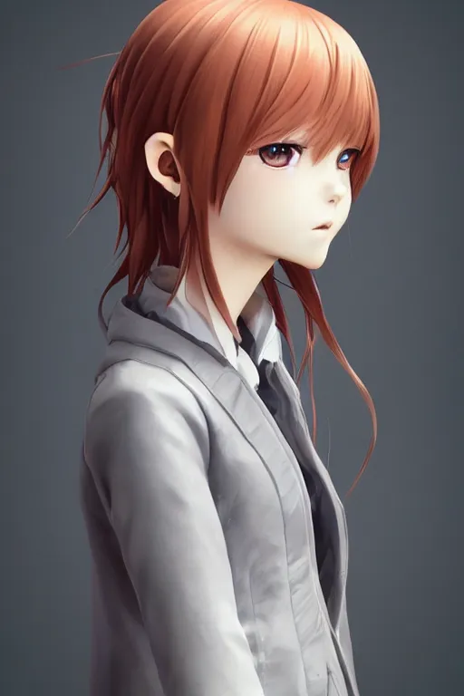 Image similar to Very complcated dynamic composition, realistic anime style at Pixiv, Zbrush sculpt colored, Octane render in Maya and Houdini VFX, young redhead girl in motion, wearing jacket and skirt, silky hair, black stunning deep eyes. By ilya kuvshinov, krenz cushart, Greg Rutkowski, trending on artstation. Amazing textured brush strokes. Cinematic dramatic soft volumetric studio lighting