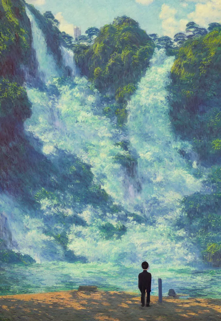 Image similar to tiny businessman in front of a japanese city in the mountain surrounded by waterfall. cyberpunk, boats flying. beautiful blue sky. gorgeous epic nature, lofi, vivid colors, amazing light, by jeremy lipkin, by claude monet, heavily inspired by makoto shinkai, inspired by ghibli, masterpiece, multiple brush strokes, impressionist style