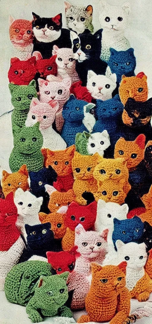 Image similar to multicolored crocheted cats, 1 9 4 0 s catalogue photo,