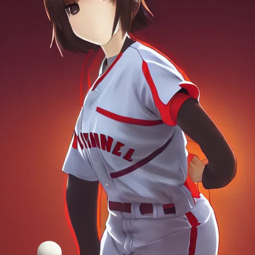 Image similar to anime style, female baseball player, red sport clothing, baseball stadium, launching a straight ball, brown short hair, hair down, symmetrical facial features, from arknights, hyper realistic, rule of thirds, extreme detail, 4 k drawing, safebooru, realistic lighting, by alphonse mucha, greg rutkowski, sharp focus, backlit