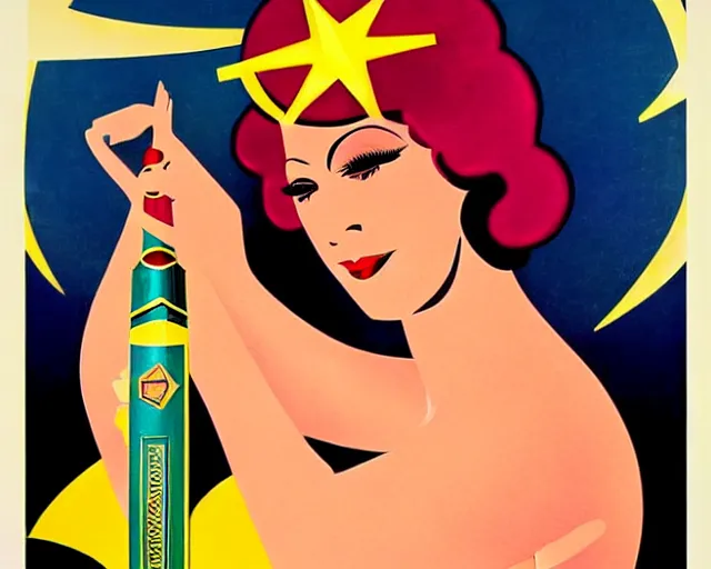 Image similar to art deco poster, dancer, cher, melchizedek champagne bottle. cheerful, bright
