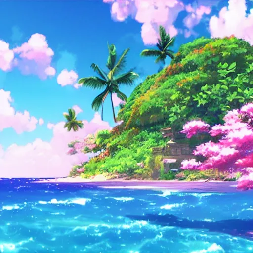Image similar to a beautiful render of a dreamy tropical anime island paradise by makoto shinkai, pink accents, soft details, graphic art