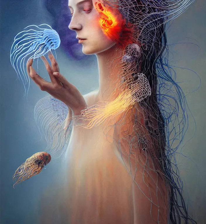 Image similar to portrait of a goddess of death with (reaction diffusion) scaled fish skin Bioluminescent phoenix jellyfish, burning phoenix halo, Her breath shot a haze of steam out into the frosty morning air concept, soft light, soft mood, realistic body features and face, illustration,intricate ornament halo, painting oil on canvas by Elena Zhurikhina and Goro Fujita and Charlie Bowater, octane render trending on artstation, 4k, 8k, HD