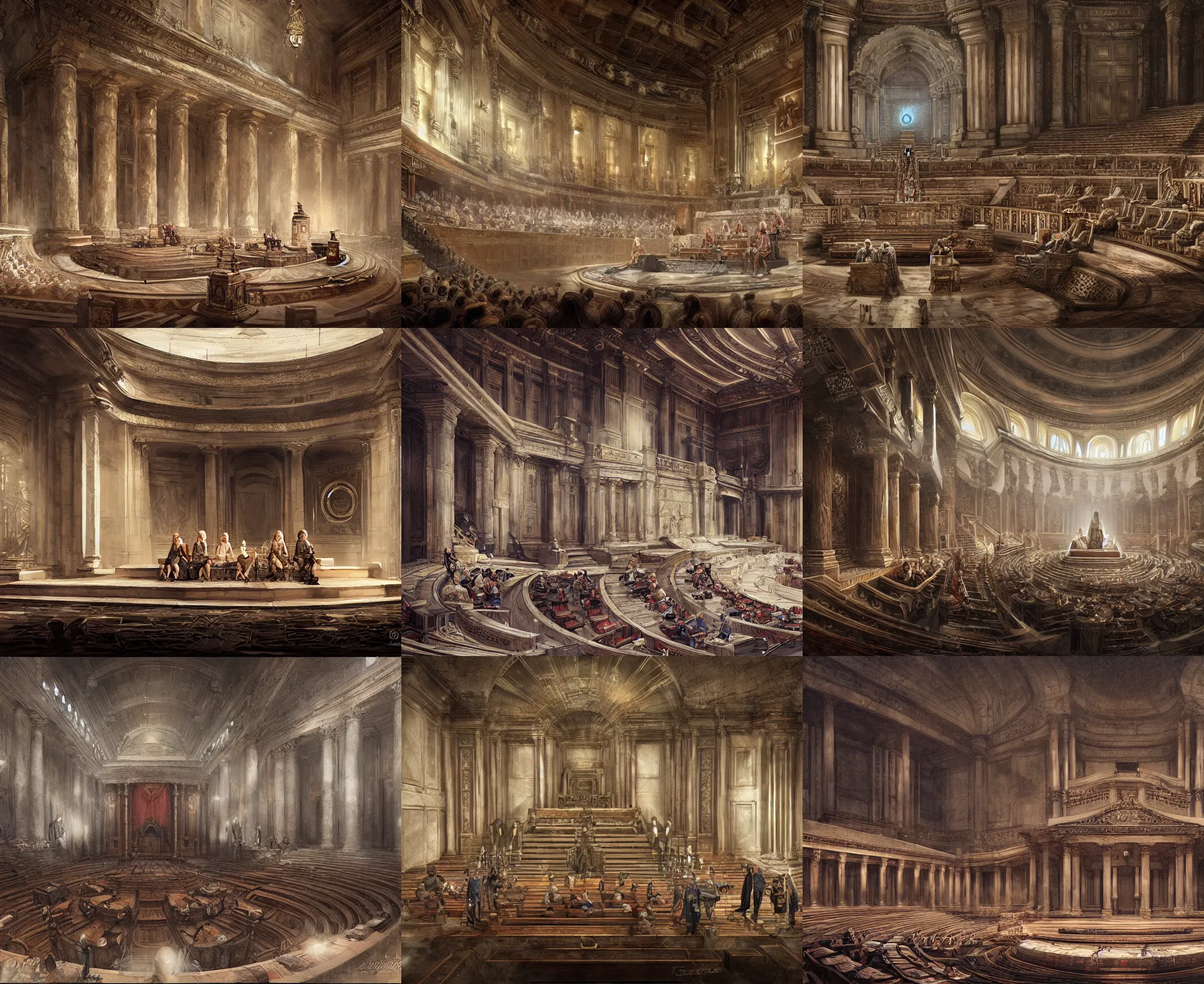 Prompt: bunch of ancient senators, sit in ancient senate, intricate, elegant, sharp focus, highly detailed, digital painting, aleksi briclot, rutkowski,