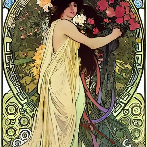 Image similar to persephone as goddess of the underworld and flowers, painted by alphonse mucha