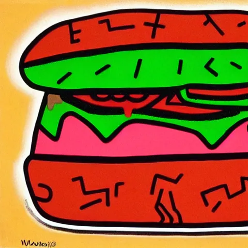 Image similar to wagyu beef sandwich, illustration by keith haring