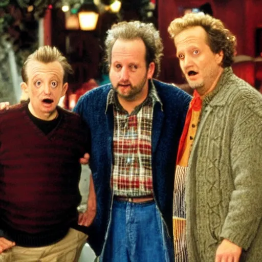 Image similar to adult Macaulay Caulkin, old Joe Pesci and old Daniel Stern on the set filming the next Home Alone movie.