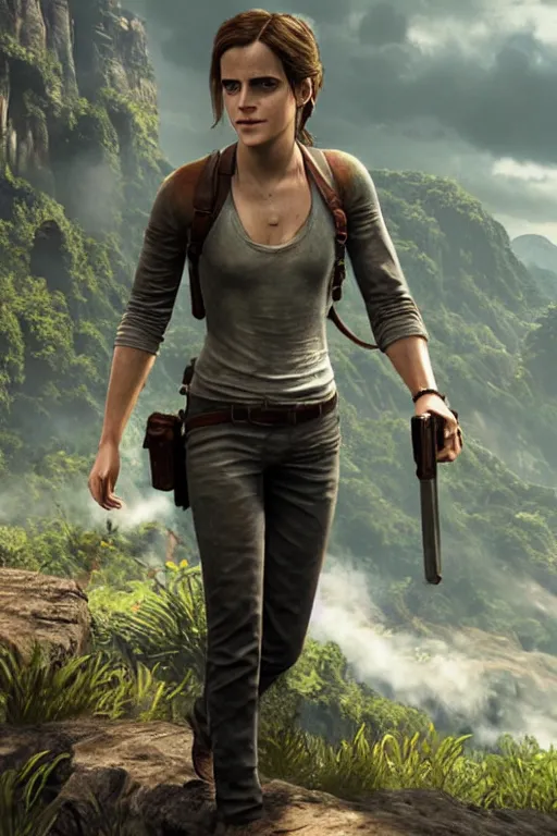 Prompt: Emma Watson in Uncharted 4. 3D Render