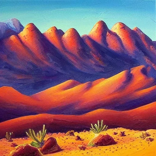 Prompt: this painting is simply stunning. it is a beautiful landscape painting of a desert scene, with mountains in the background and a bright sky. the detail is amazing. it is a truly beautiful painting.