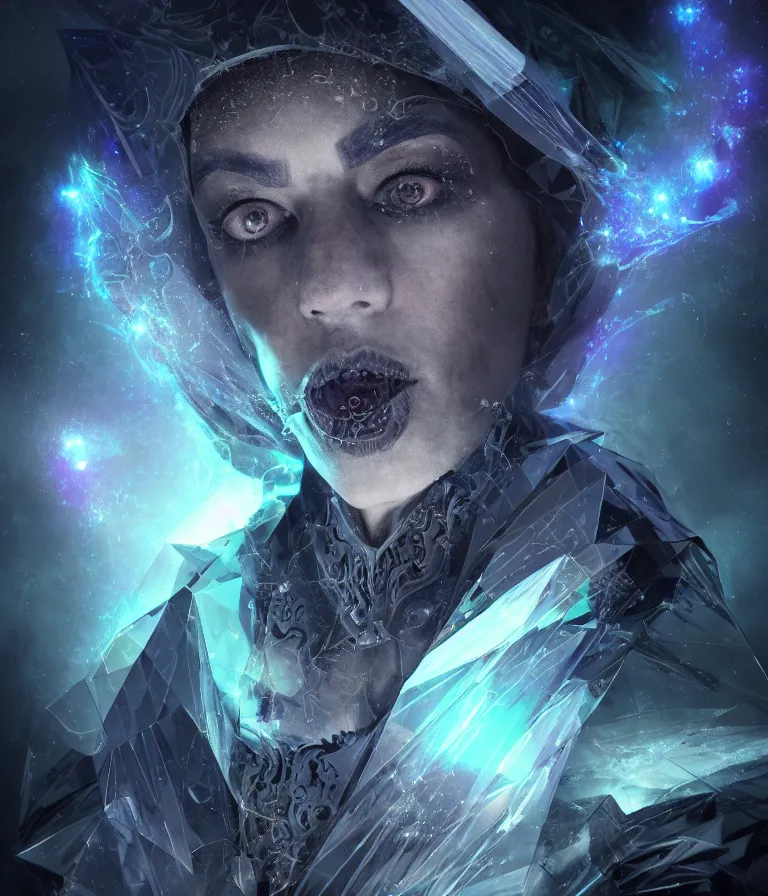 Image similar to impressive ominous front!! shot photo of a court jester character fine portrait fine portrait mesmerizing fractal hyper cubes platinum cracked dark future hyper dimensional space galactic crystal nebula edges elegant detailed intricate concept artstation sharp focus ray tracing cinematic masterpiece temporal corruption beeple wlop germ 8 4 k scifi glossy hyper realistic illustration canon eos r 3 fujifilm x - t 3 0 sony alpha a 6 6 0 0