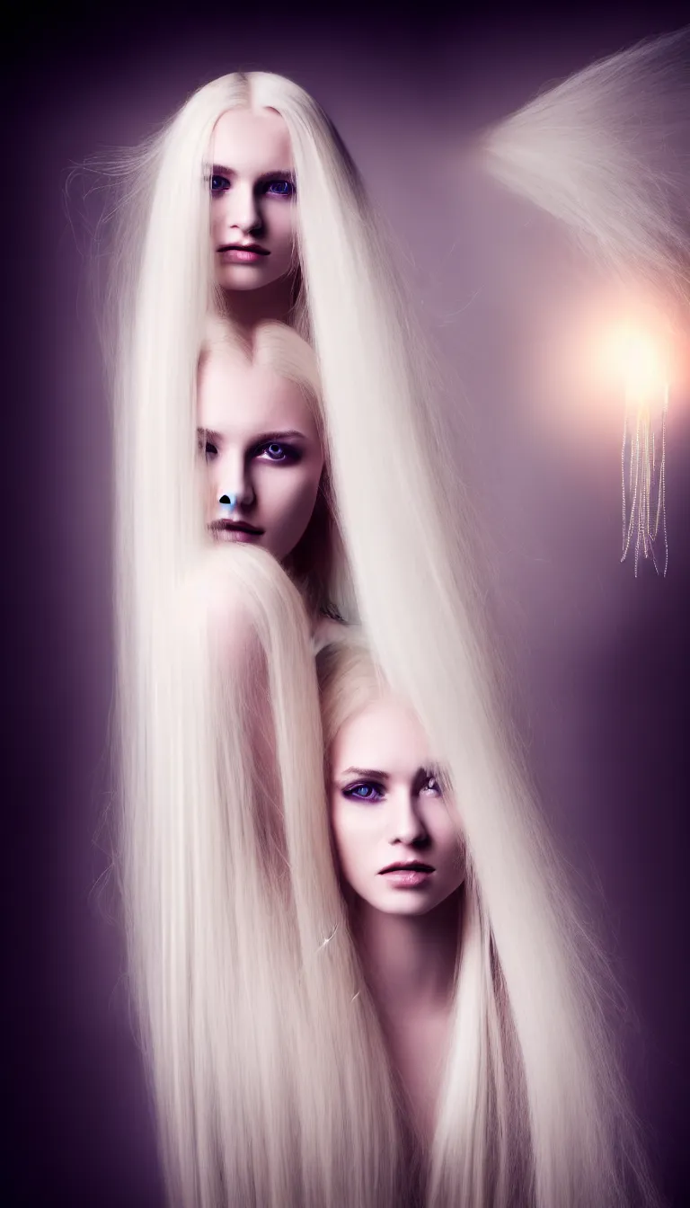 Prompt: photo portrait of a young woman with long blond hair dressed in long white, fine art photography light painting in style of Paolo Roversi, professional studio lighting, dark background, hyper realistic photography, fashion magazine style