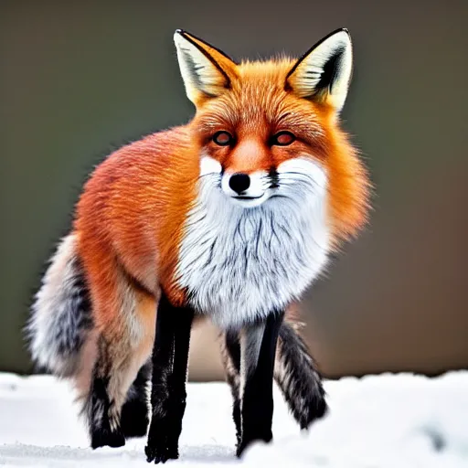 Image similar to Photorealistic photograph of a cute fox in snow by Suzi Eszterhas, photorealism, photorealistic, realism, real, highly detailed, ultra detailed, detailed, 70–200mm f/2.8L Canon EF IS lens, Canon EOS-1D Mark II, Wildlife Photographer of the Year, Pulitzer Prize for Photography, 8k, expo-sure 1/800 sec at f/8, ISO 400