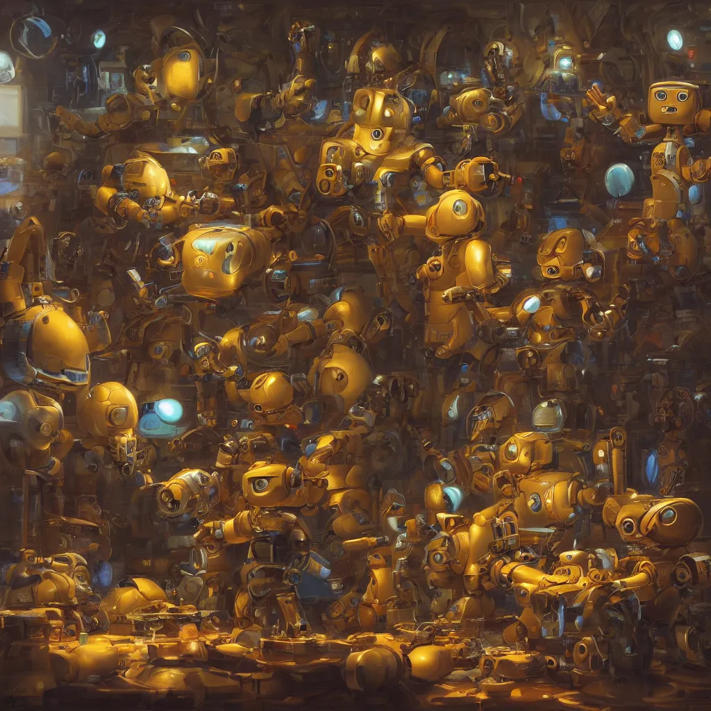 Prompt: robots building robots in a workshop, oil painting by justin gerard, deviantart