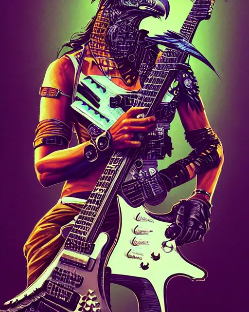 Image similar to a portrait of an anthropomorphic cyberpunk hawk shredding an electric guitar by sandra chevrier, by jon foster, detailed render, tape deck, epic composition, cybernetics, 4 k realistic, cryengine, realistic shaded lighting, sharp focus, masterpiece, by enki bilal