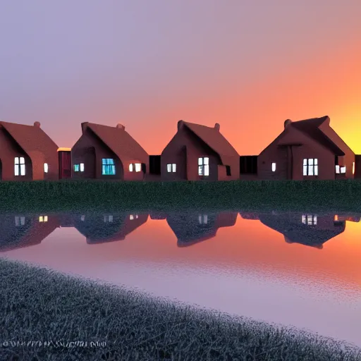 Image similar to houses made of clay, vaponpunk, sunset, 8k, soft light, ray tracing, wet ground