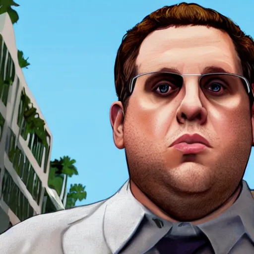 Image similar to jonah hill as a gta v character, wide shot