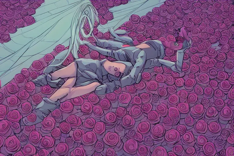 Prompt: comic book illustration, an android princess lying on a bed of roses, cyberpunk concept art by josan gonzales and Moebius, highly detailed, intricate, sci-fi, sharp focus, Trending on Artstation HQ, deviantart