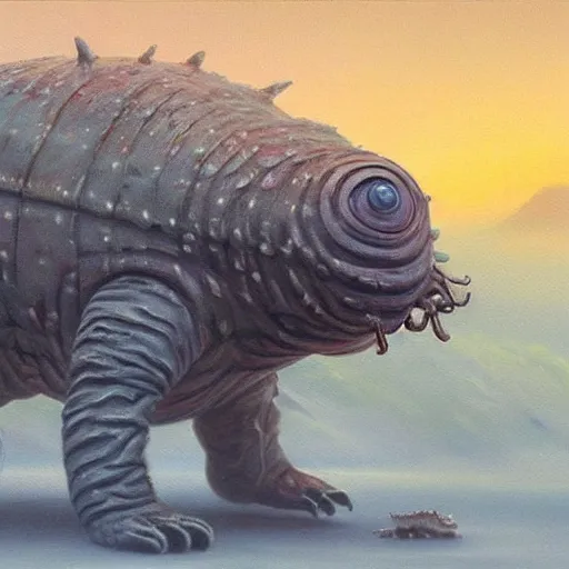 Image similar to realistic painting of a tardigrade kaiju, with 6 legs in a desert storm, by james gurney, slime, big globule eye, godzilla, vintage, concept art, oil painting, tonalism, crispy