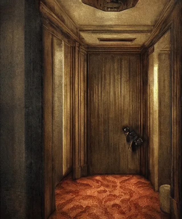 Prompt: horrifying full color photorealistic painting of a 1 9 2 5 hotel elevator lobby, with a screaming bellhop embedded in the wall, dark, atmospheric, brooding, smooth, finely detailed, cinematic, epic, in the style of lee gibbons