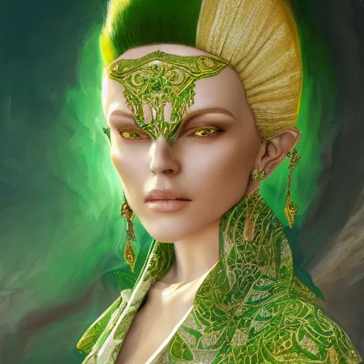 Prompt: a beautiful woman wearing a green and white kaftan made of silk with golden ornaments and diamonds jewelry by alex gray and android jones , Karol Bak, Ayami Kojima, Amano , concept art, character design, fantasy,3D, 8k resolution