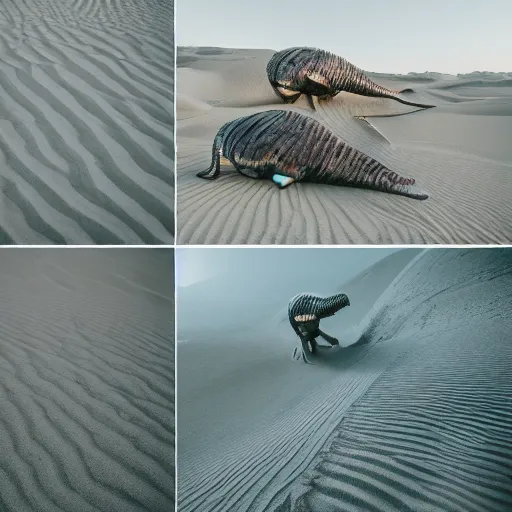 Image similar to 🐋 as 🤖 as 🐼 as 🦕 as 👽, desert photography