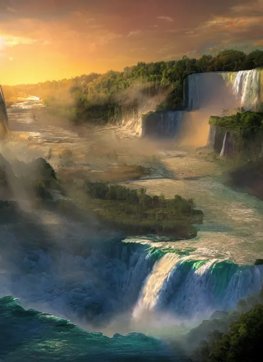 Image similar to cascade of niagara falls, epic mountainscape, dawn, fantasy illustration, matte painting, concept art, volumetric lighting, volumetric atmosphere, vivid colors, art by james gurney, unreal engine 5, 8 k