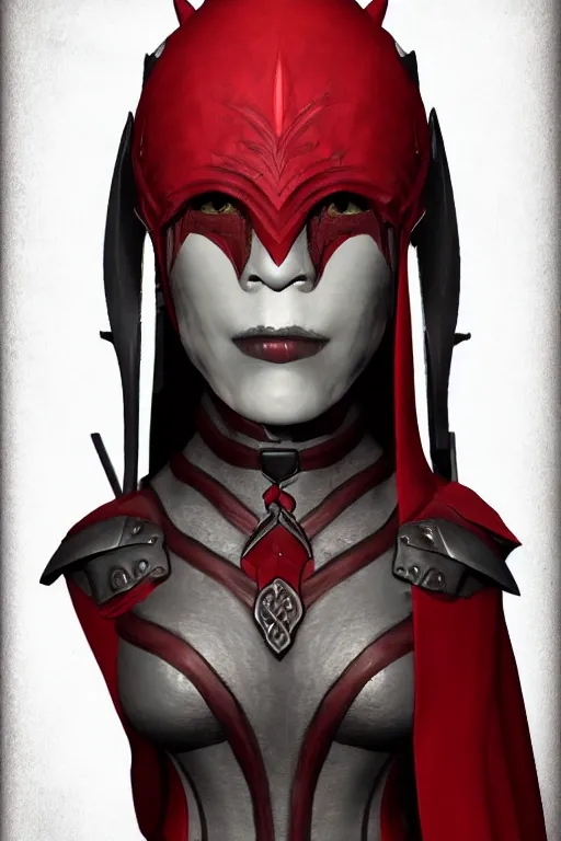 Image similar to female adventurer in tight full - body ebony leather armor of dunmer design with dark red cloth underneath and with a red porcelain crow mask, trending in artstation, establishing shot