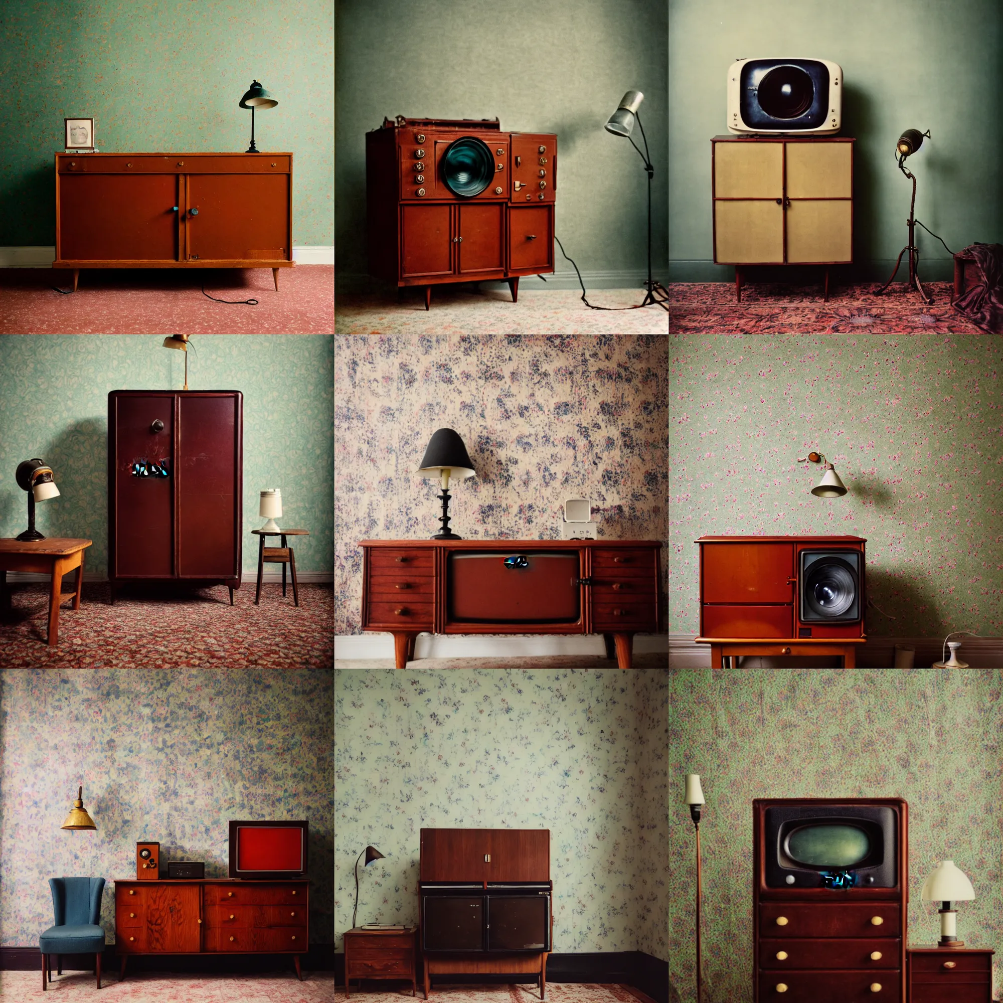 Image similar to kodak portra 4 0 0, wetplate, portrait photo by britt marling, 1 9 2 0 s room, 1 9 2 0 s furniture, wallpaper, carpet, shining lamp, a giant vintage television, muted colours, blueberry, wood, fog,