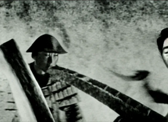 Image similar to a movie still of a samurai slicing through a loaf of bread by Akira Kurosawa