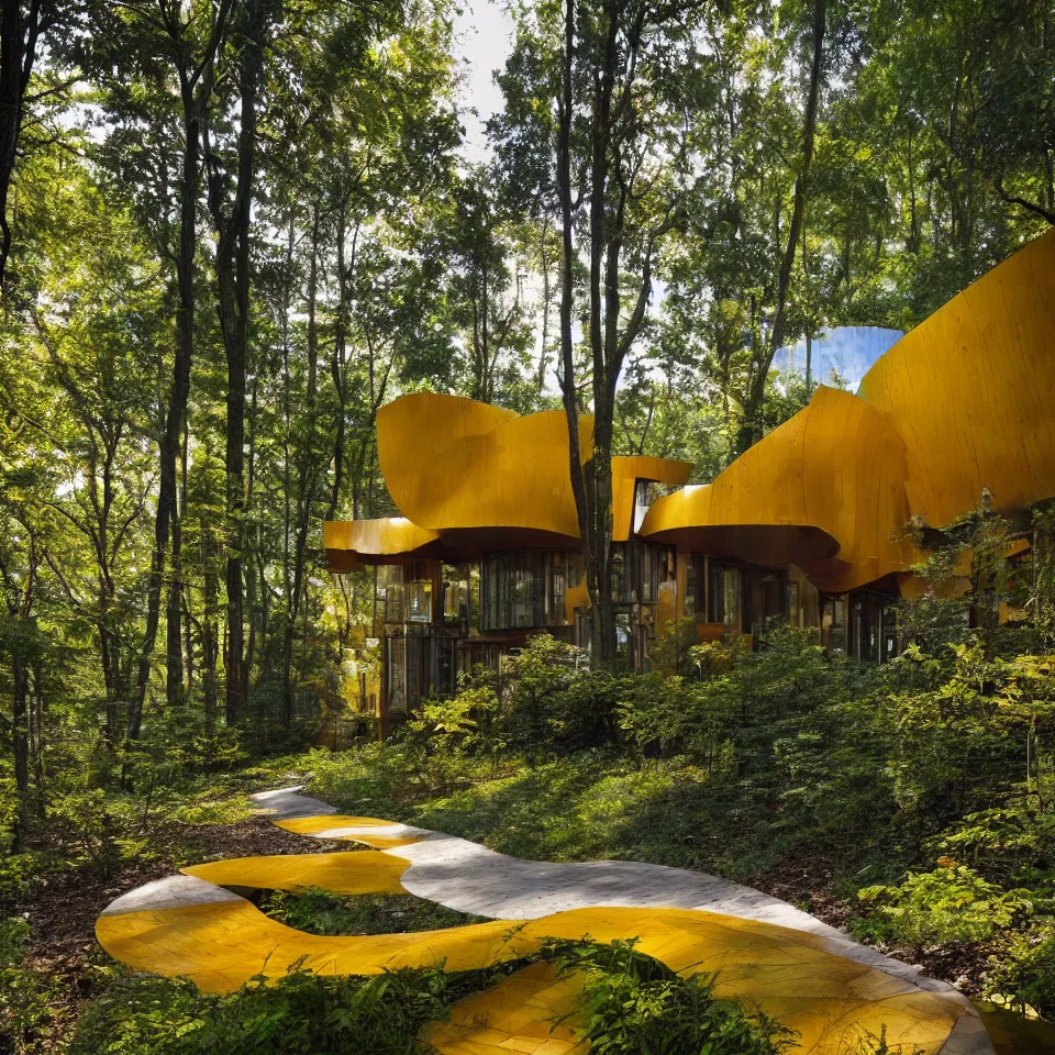 Image similar to a simple horizontal house in a forest, designed by Frank Gehry. Tiles. Wood pathway. Film grain, cinematic, yellow hue