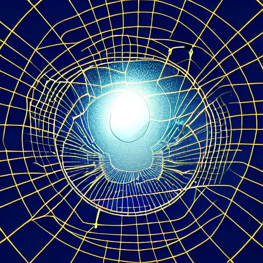 Image similar to a black hole behind a golden wireframe geometric structure, deep blue and dark cyan nebula background, highly detailed artwork