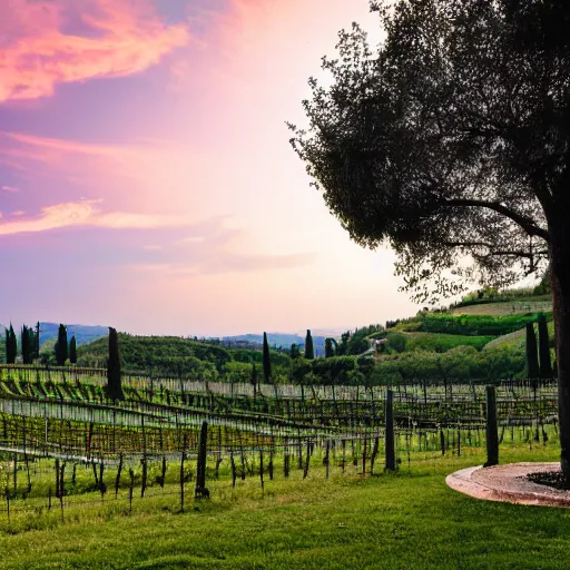 Image similar to big italian villa wine yard on top of hill sunset