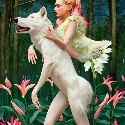 Image similar to pretty model with white wolf, white lilies : : by martine johanna and simon stalenhag and chie yoshii and casey weldon and wlop : : ornate, dynamic, particulate, rich colors, intricate, elegant, highly detailed, vogue, wolf, harper's bazaar art, fashion magazine, smooth, sharp focus, 8 k, octane render