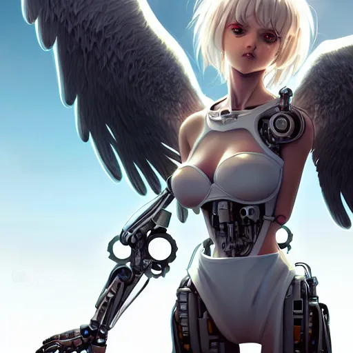 Prompt: cute cyborg - angel girl with large angelic wings standing on the edge of a rooftop overlooking a apocalyptic city, left eye gold and right eye silver, biomechanical details, bionic cyborg implants, digital cyberpunk - anime art, full body shot, wlop, ilya kuvshinov, artgerm, krenz cushart, greg rutkowski